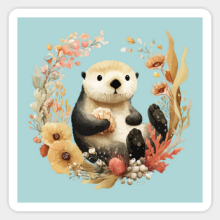 Sea Otter in a Kelp Wreath - Marine Biology Folk Art Sticker