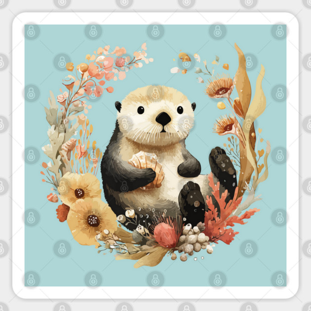 Sea Otter in a Kelp Wreath - Marine Biology Folk Art Sticker by TuncGK