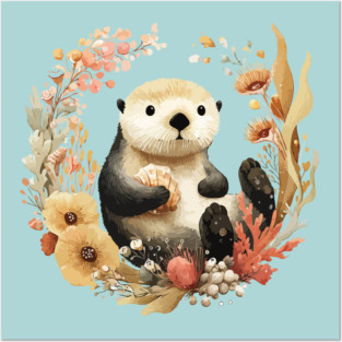 Sea Otter in a Kelp Wreath - Marine Biology Folk Art Posters and Art