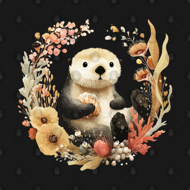Sea Otter in a Kelp Wreath - Marine Biology Folk Art by TuncGK