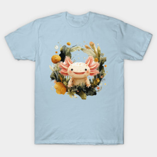 Smiling Axolotl in an Aquatic Wreath - Quirky Amphibian Art T-Shirt