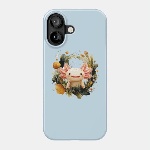 Smiling Axolotl in an Aquatic Wreath - Quirky Amphibian Art Phone Case by TuncGK