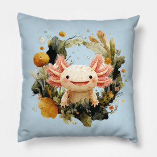 Smiling Axolotl in an Aquatic Wreath - Quirky Amphibian Art Pillow