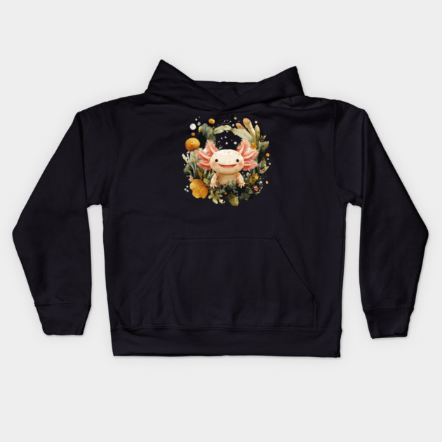 Smiling Axolotl in an Aquatic Wreath - Quirky Amphibian Art Kids Hoodie by TuncGK