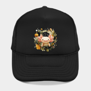 Smiling Axolotl in an Aquatic Wreath - Quirky Amphibian Art Hat