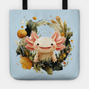 Smiling Axolotl in an Aquatic Wreath - Quirky Amphibian Art Tote
