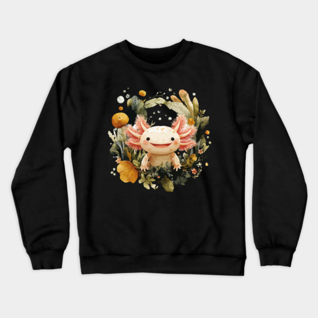 Smiling Axolotl in an Aquatic Wreath - Quirky Amphibian Art Crewneck Sweatshirt by TuncGK