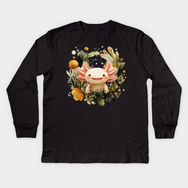 Smiling Axolotl in an Aquatic Wreath - Quirky Amphibian Art Kids Long Sleeve T-Shirt by TuncGK