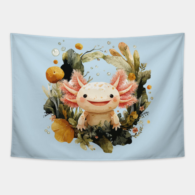 Smiling Axolotl in an Aquatic Wreath - Quirky Amphibian Art Tapestry by TuncGK