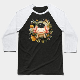 Smiling Axolotl in an Aquatic Wreath - Quirky Amphibian Art Baseball T-Shirt