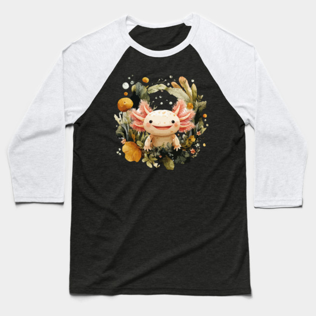 Smiling Axolotl in an Aquatic Wreath - Quirky Amphibian Art Baseball T-Shirt by TuncGK