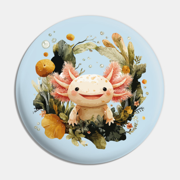 Smiling Axolotl in an Aquatic Wreath - Quirky Amphibian Art Pin by TuncGK