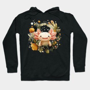Smiling Axolotl in an Aquatic Wreath - Quirky Amphibian Art Hoodie