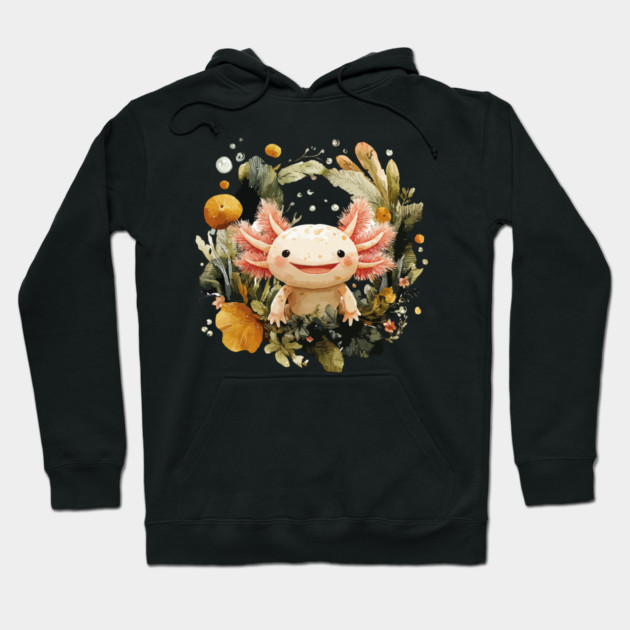 Smiling Axolotl in an Aquatic Wreath - Quirky Amphibian Art Hoodie by TuncGK