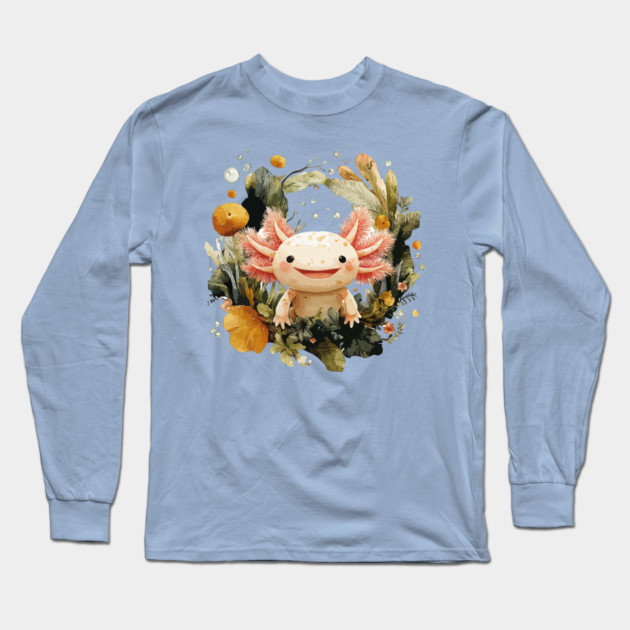Smiling Axolotl in an Aquatic Wreath - Quirky Amphibian Art Long Sleeve T-Shirt by TuncGK