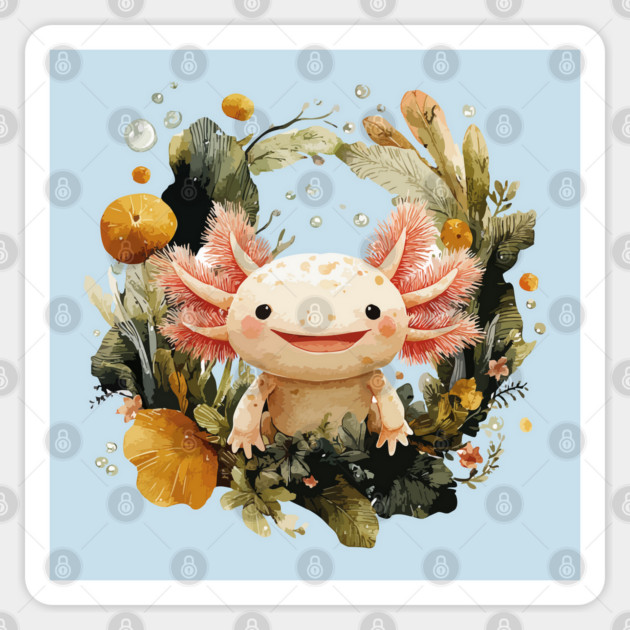 Smiling Axolotl in an Aquatic Wreath - Quirky Amphibian Art Sticker by TuncGK