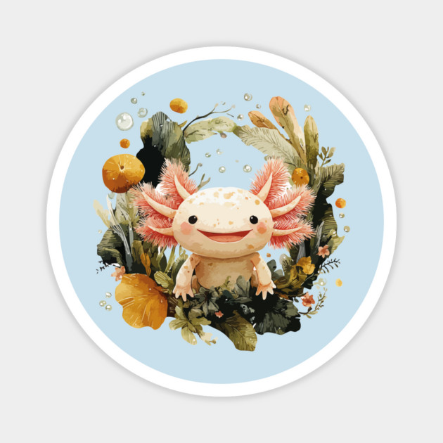 Smiling Axolotl in an Aquatic Wreath - Quirky Amphibian Art Magnet by TuncGK