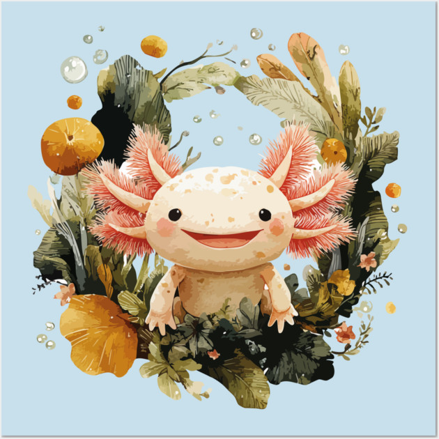 Smiling Axolotl in an Aquatic Wreath - Quirky Amphibian Art Wall Art by TuncGK