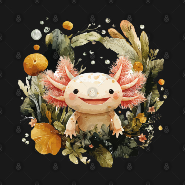 Smiling Axolotl in an Aquatic Wreath - Quirky Amphibian Art by TuncGK