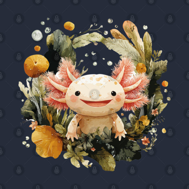 Smiling Axolotl in an Aquatic Wreath - Quirky Amphibian Art by TuncGK