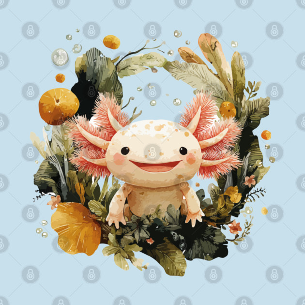 Smiling Axolotl in an Aquatic Wreath - Quirky Amphibian Art by TuncGK