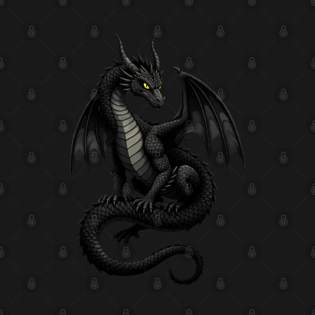 Black Dragon with Wings Fierce Mythical Creature Art by UrbanLifeApparel