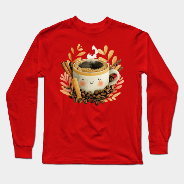 Cozy Coffee Cup with Cinnamon - Barista Folk Art Long Sleeve T-Shirt by TuncGK