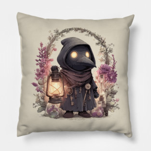 Whimsical Plague Doctor with Lantern - Gothic Folk Art Pillow
