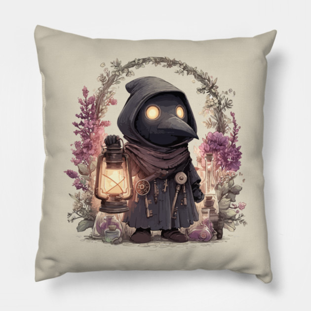 Whimsical Plague Doctor with Lantern - Gothic Folk Art Pillow by TuncGK