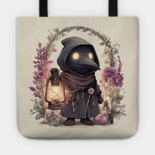 Whimsical Plague Doctor with Lantern - Gothic Folk Art Tote by TuncGK