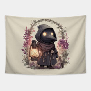 Whimsical Plague Doctor with Lantern - Gothic Folk Art Tapestry