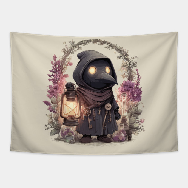 Whimsical Plague Doctor with Lantern - Gothic Folk Art Tapestry by TuncGK