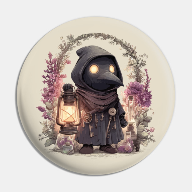 Whimsical Plague Doctor with Lantern - Gothic Folk Art Pin by TuncGK