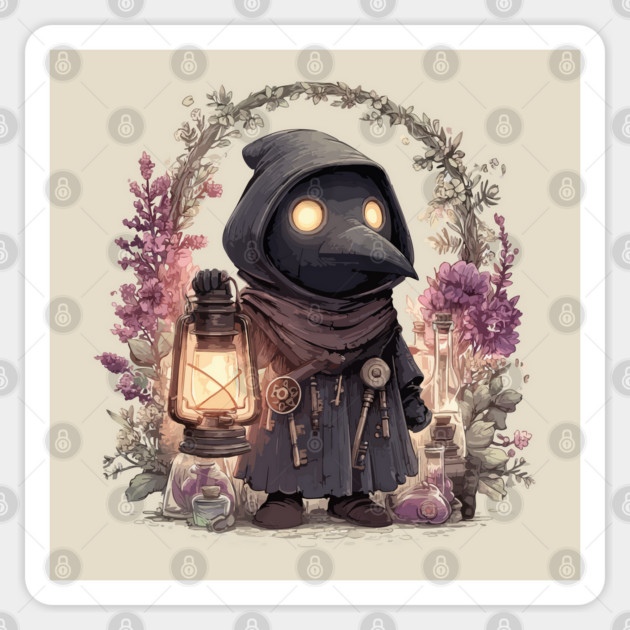 Whimsical Plague Doctor with Lantern - Gothic Folk Art Sticker by TuncGK