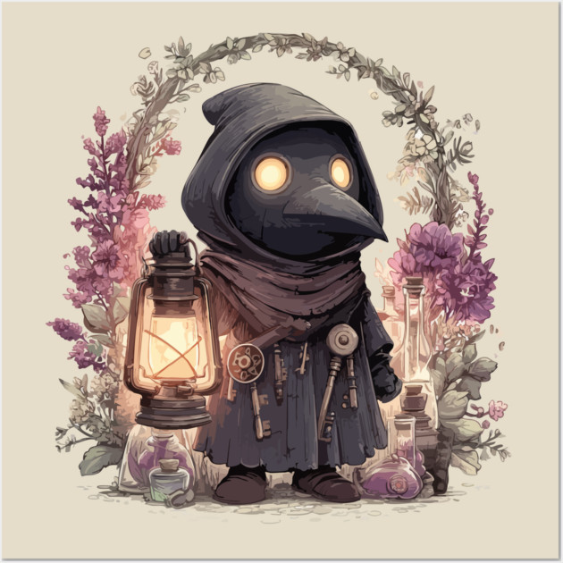 Whimsical Plague Doctor with Lantern - Gothic Folk Art Wall Art by TuncGK