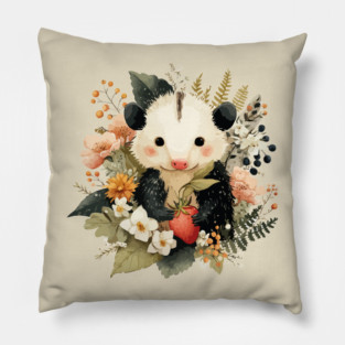 Opossum with a Strawberry - Whimsical Woodland Folk Art Pillow