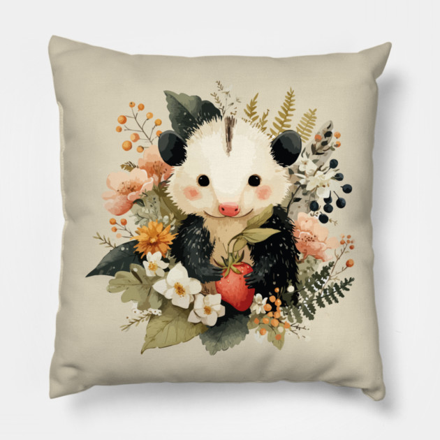 Opossum with a Strawberry - Whimsical Woodland Folk Art Pillow by TuncGK