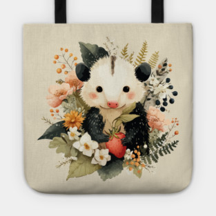 Opossum with a Strawberry - Whimsical Woodland Folk Art Tote