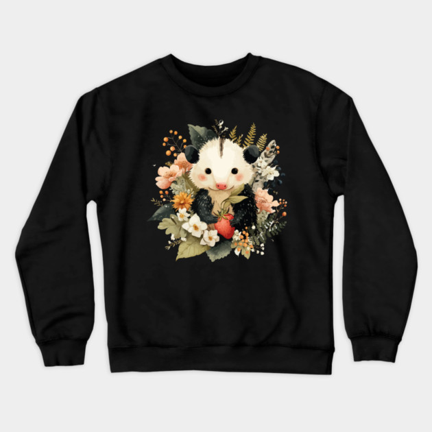 Opossum with a Strawberry - Whimsical Woodland Folk Art Crewneck Sweatshirt by TuncGK