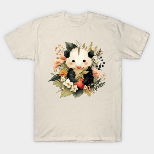 Opossum with a Strawberry - Whimsical Woodland Folk Art T-Shirt by TuncGK