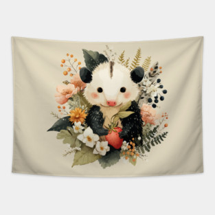 Opossum with a Strawberry - Whimsical Woodland Folk Art Tapestry