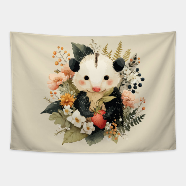 Opossum with a Strawberry - Whimsical Woodland Folk Art Tapestry by TuncGK