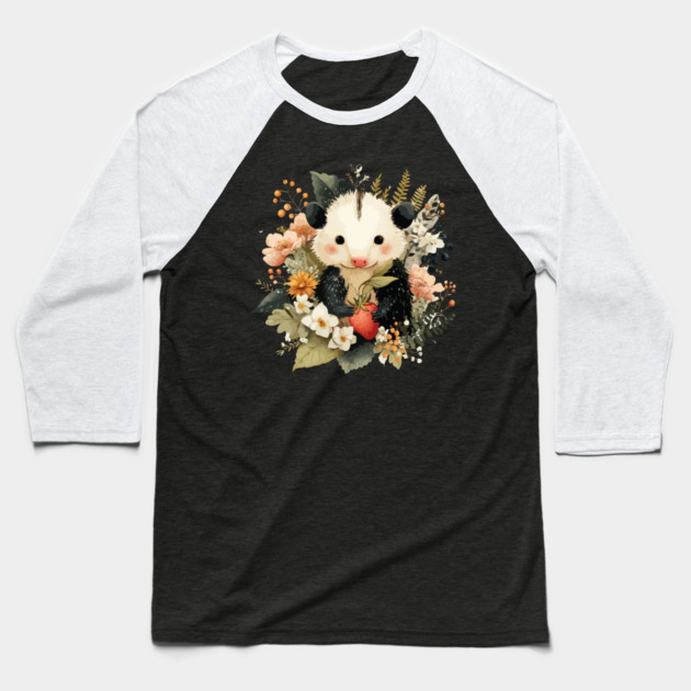 Opossum with a Strawberry - Whimsical Woodland Folk Art Baseball T-Shirt by TuncGK