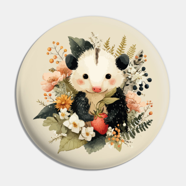 Opossum with a Strawberry - Whimsical Woodland Folk Art Pin by TuncGK