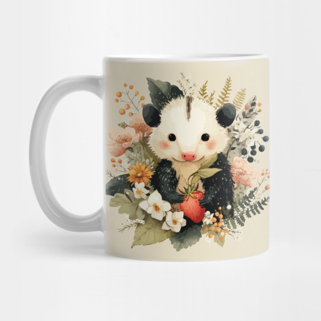 Opossum with a Strawberry - Whimsical Woodland Folk Art by TuncGK