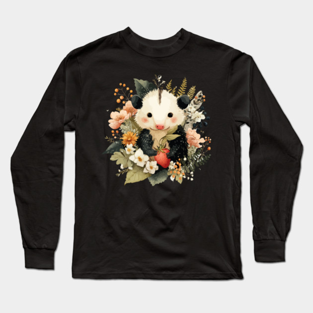 Opossum with a Strawberry - Whimsical Woodland Folk Art Long Sleeve T-Shirt by TuncGK
