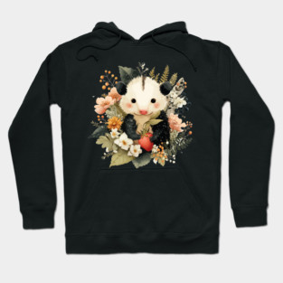 Opossum with a Strawberry - Whimsical Woodland Folk Art Hoodie