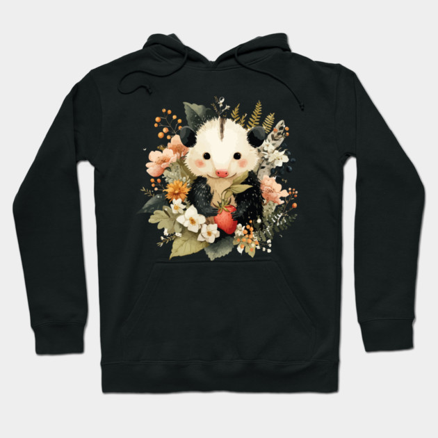 Opossum with a Strawberry - Whimsical Woodland Folk Art Hoodie by TuncGK