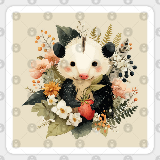 Opossum with a Strawberry - Whimsical Woodland Folk Art Sticker by TuncGK