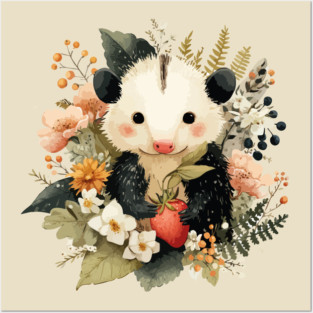 Opossum with a Strawberry - Whimsical Woodland Folk Art Posters and Art